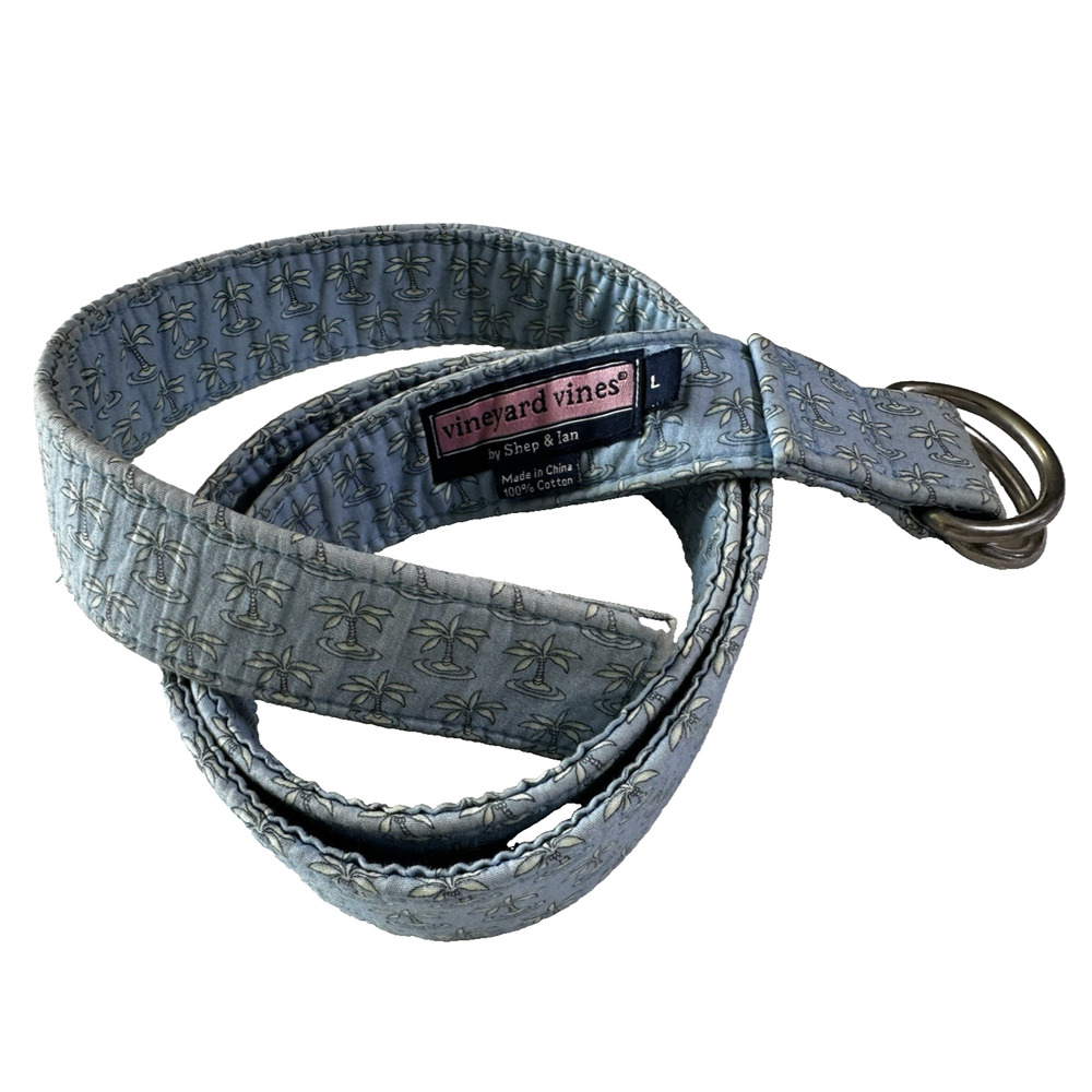 Vineyard Vines Shep & Ian Palm Trees Canvas Belt LR Blue Green Metal Ring Preppy
